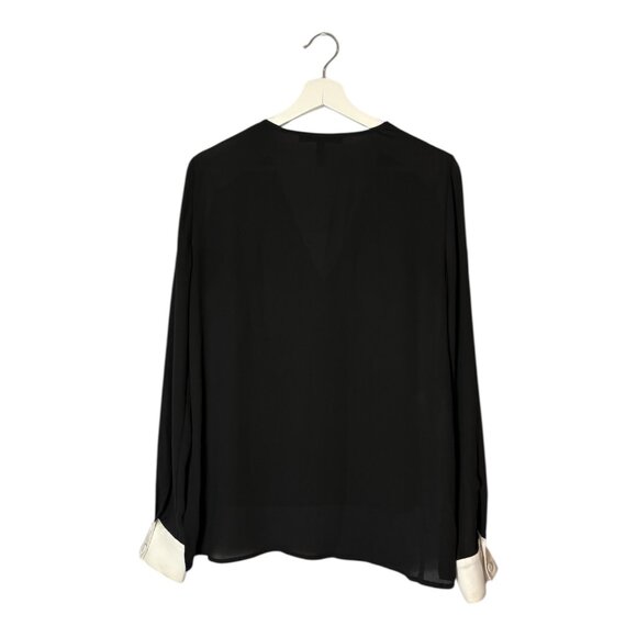 BCBGMaxAzria Black Alaine Long Sleeve V-Neck Blouse with White Stripe Size XS - Picture 2 of 10